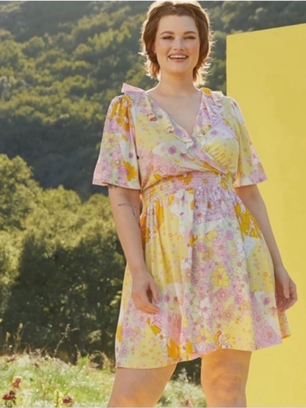 NWT Floral V-Neck Smocked Waist Mini Dress in Yellow and Pink